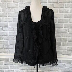 Coldwater Creek Black Beaded Sheer Chiffon Cardigan Cami Set 14 Party Evening